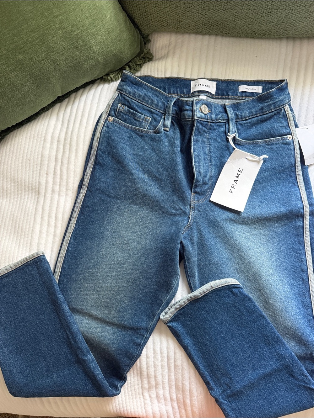 Frame Denim Medium Blue Straight-Leg Jeans with Side Stripe